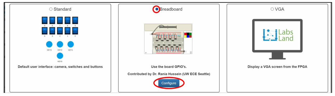 The user interface popup with the Breadboard option selected and the corresponding configure button circled