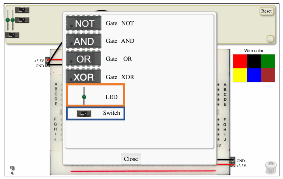 The breadboard setup UI with the components tab opened. The LED and Switch components are circled.