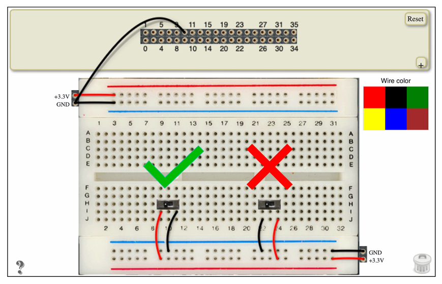 A breadboard with a switch on the left correctly wired to 3.3V and ground, and an incorrectly wired switch on the right with the connections reversed.