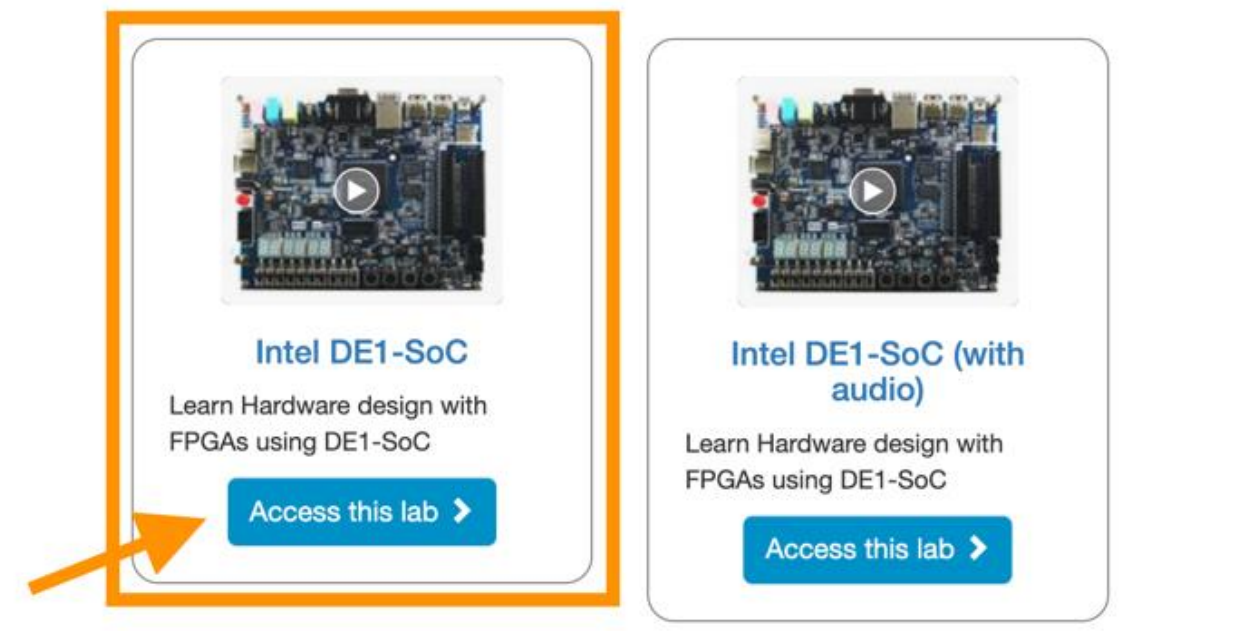 Lab workspace selection with 'Intel DE1-SoC' highlighted
