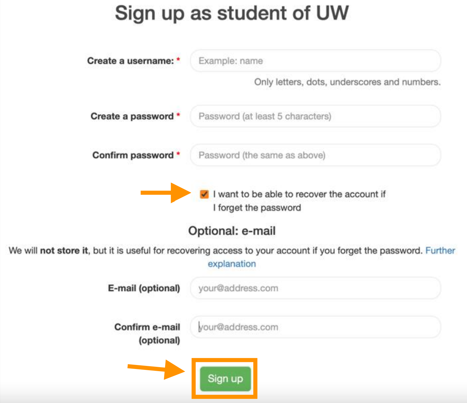Sign up form shown with the 'Sign Up' button highlighted