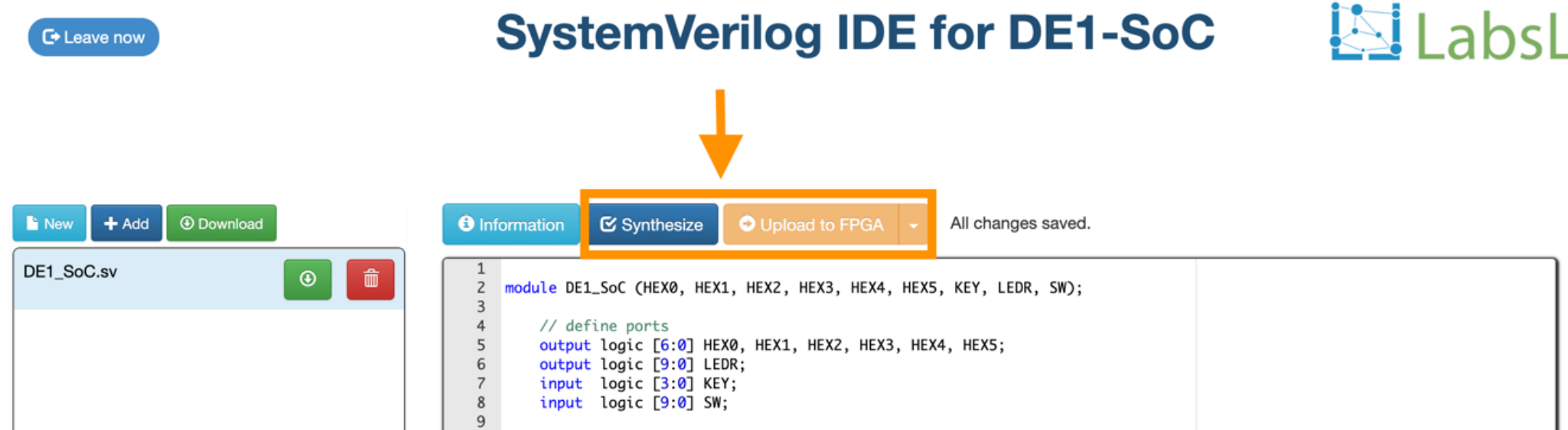 IDE shown with 'Synthesize' and 'Upload to FPGA' buttons highlighted