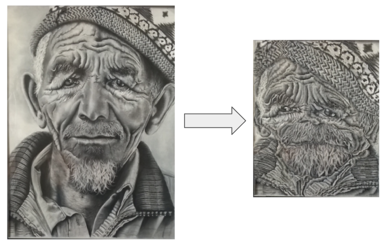 Drawing of old man's face mangled by seam carving