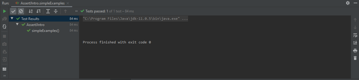 AssertJIntro.simpleExample test results