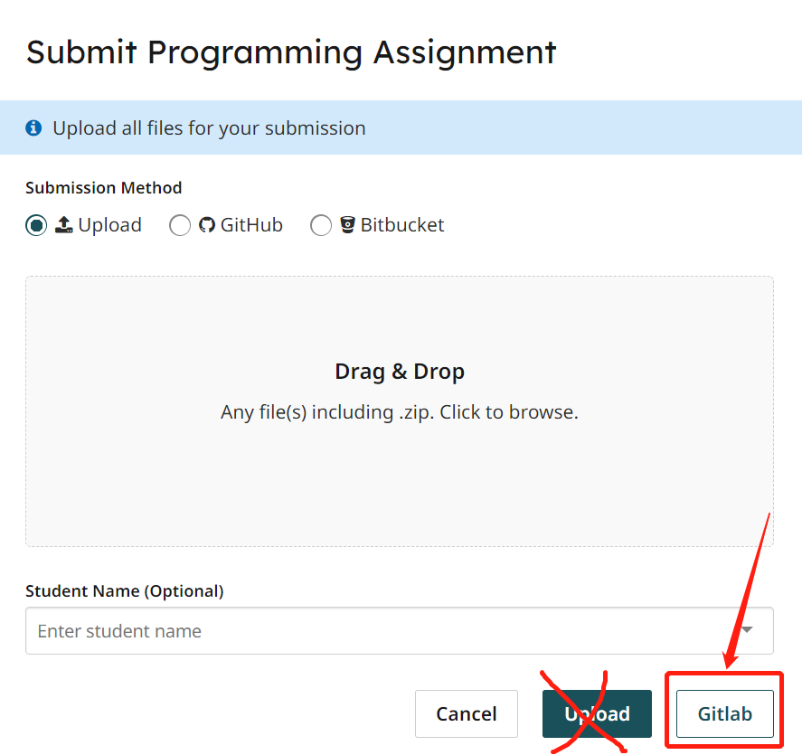 Picture of Gradescope interface highlighting the Gitlab button as opposed to the Upload button