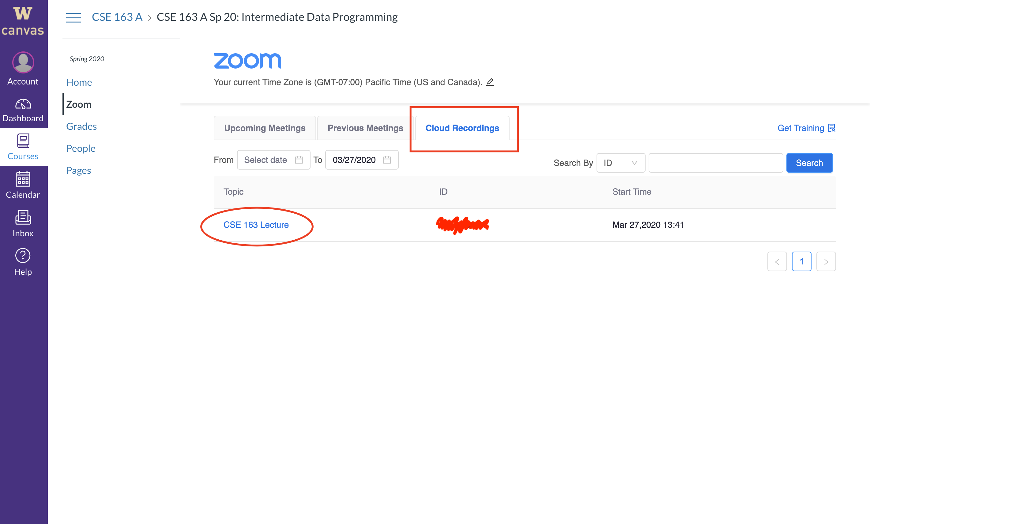 Showing the Cloud Recordings tab of Zoom in Canvas