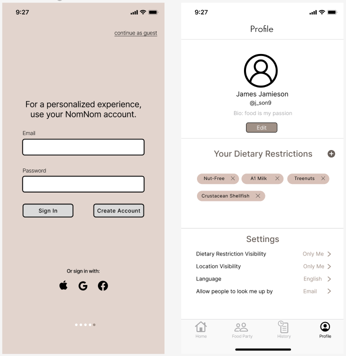 On the left, there is a login screen with optional social media sign-in. On the right is the app's profile tab. There is a set of labels that denote your dietary restrictions, like 'nut-free', 'A1 milk', and 'crustacean shellfish', with a small 'Add' button to modify it. There is also another section on privacy settings.