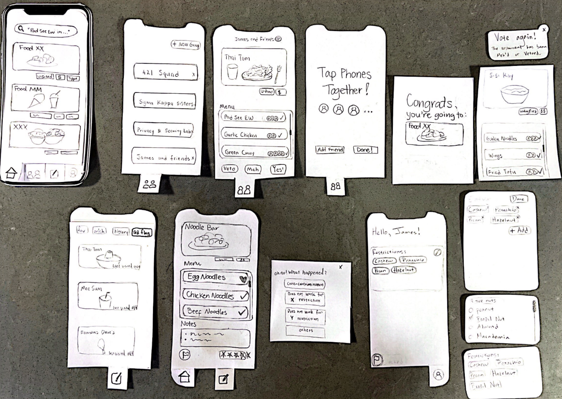 A set of hand-drawn paper cut outs of iPhone screens, each containing a screen of our app. They all depict a rough sketch of what will become the digital prototype of our app.