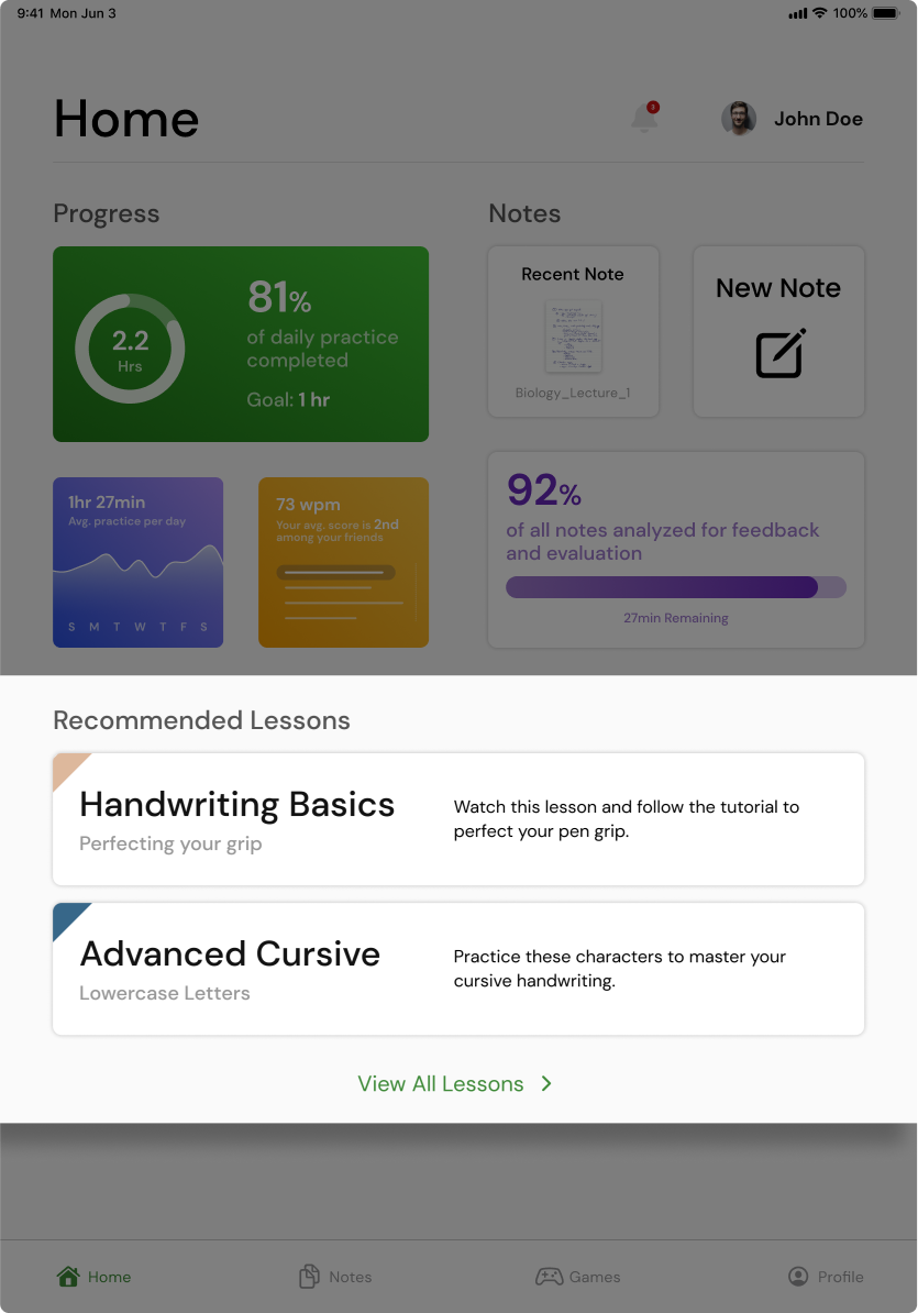 Recommended lessons section of dashboard portion of PenPal