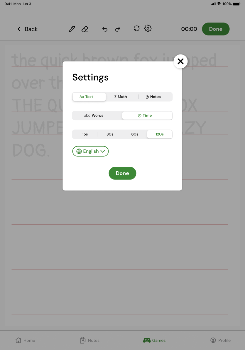 View of configuring settings for WriteRace exercise in Games section of PenPal