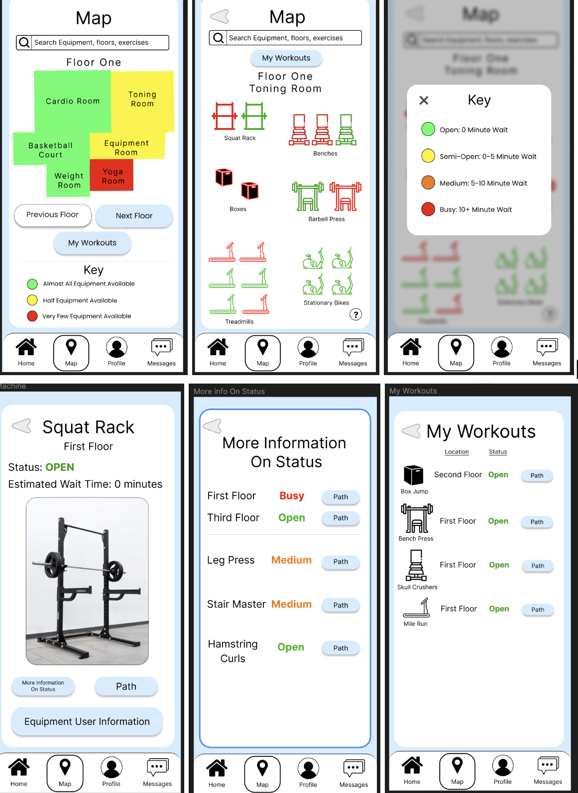 A walkthrough detailing how participants can accomplish task 1: Participants are able to infer the status of various machines from the gym map (i.e. how busy they are and what similar machines are open that they might be able to use as an alternative).