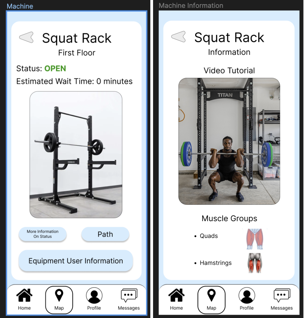 A walkthrough detailing how participants can accomplish task 2: Participant learns information about the machine (i.e. muscle groups and how to use the machine).