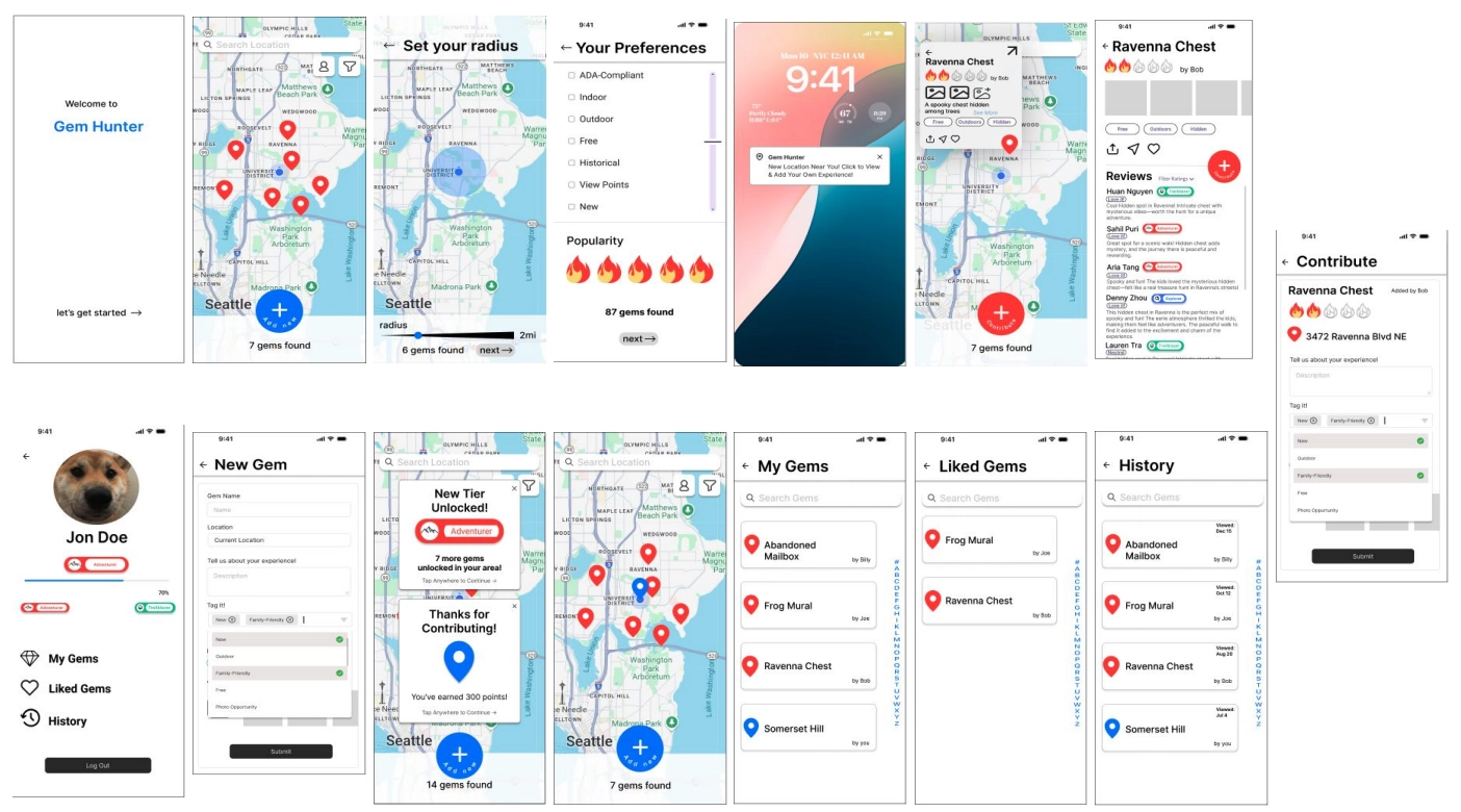 Overview of the Gem Hunter app mockup showing the main interface, key features, and user flow.