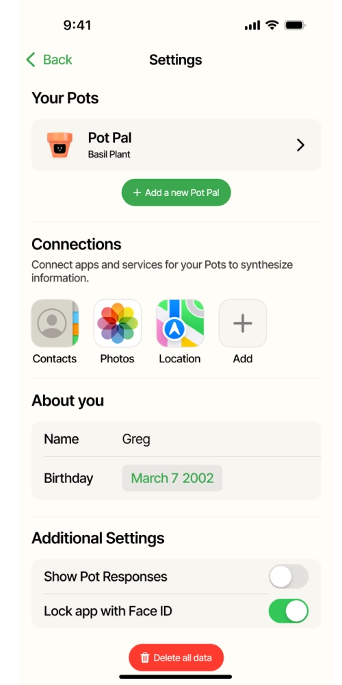 Pot Pal's setting page where you can modify settings about you and the app and also customize Pot Pal's settings.