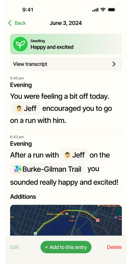 An existing entry page. Mentions a run with Jeff that made user feel better.