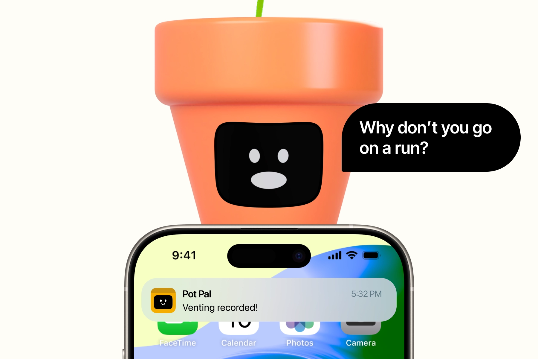 Phone screen with a notification from Pot Pal's app, notifying user that their venting was recorded. Pot Pal recommending user to go on a run.