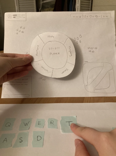 A paper representation of a computer screen and keyboard where someone has a finger on the 'T' key and the computer screen has a selection wheel. The wheel is sectioned off with the names 'Minyoung', 'Misty', 'William', 'Jeewon', and 'AnnMarie', and 'Select Player' in the middle.