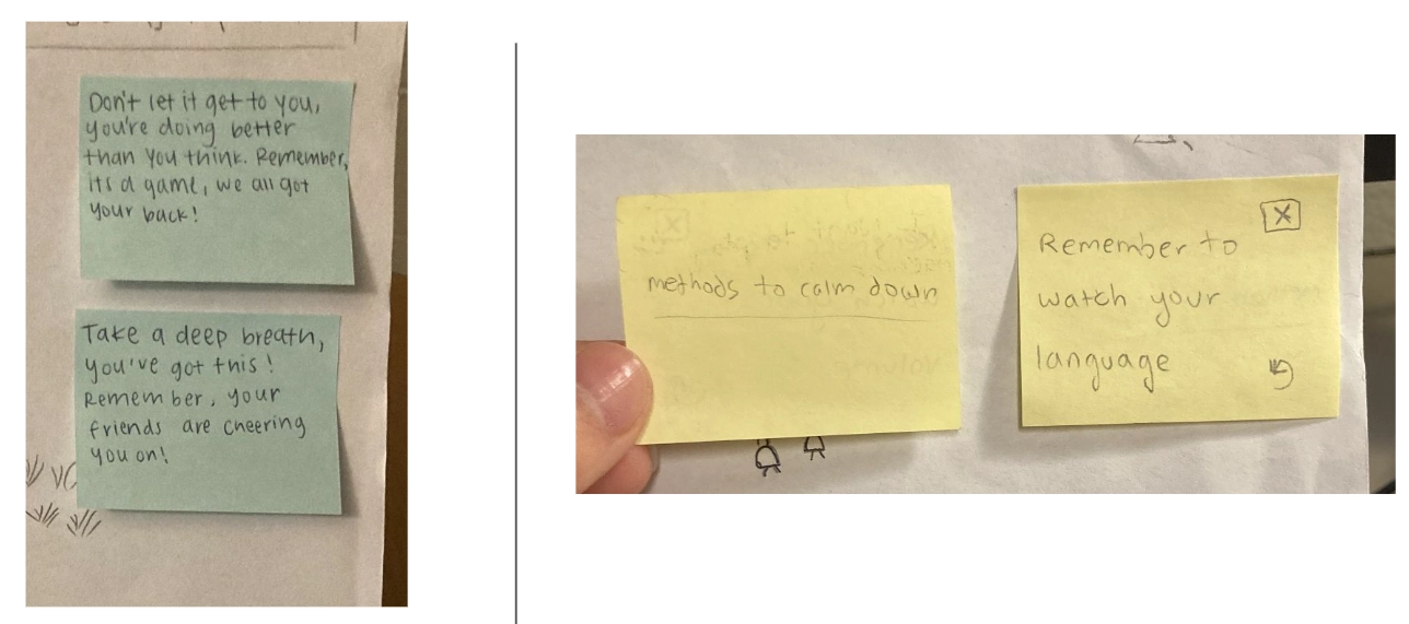 Two screenshots side-by-side. The left screenshot is two blue sticky notes that have long messages of encouragement during a game. The right screenshot is two yellow stick notes that have shorter messages of feedback on game behavior.