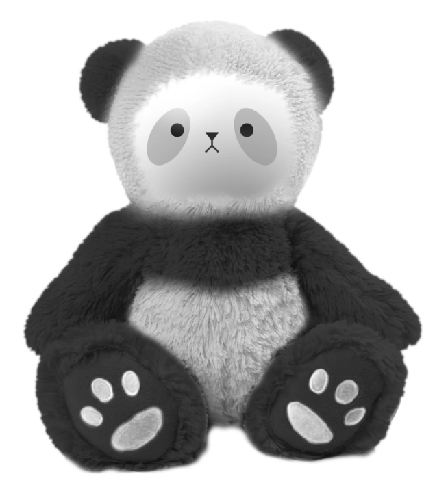 A picture of a panda stuffed animal looking neutral.