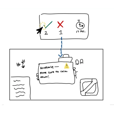 Sketch of a game interface with a notification popup in the middle that reads 'AnnMarie - Make sure to calm down!' Another popup above this interface has a dashed arrow pointing to this popup. The popup is an in-game vote and has a green checkmark with a 2 underneath, a red x mark with a 1 underneath, and a timer with 17 seconds to the right.