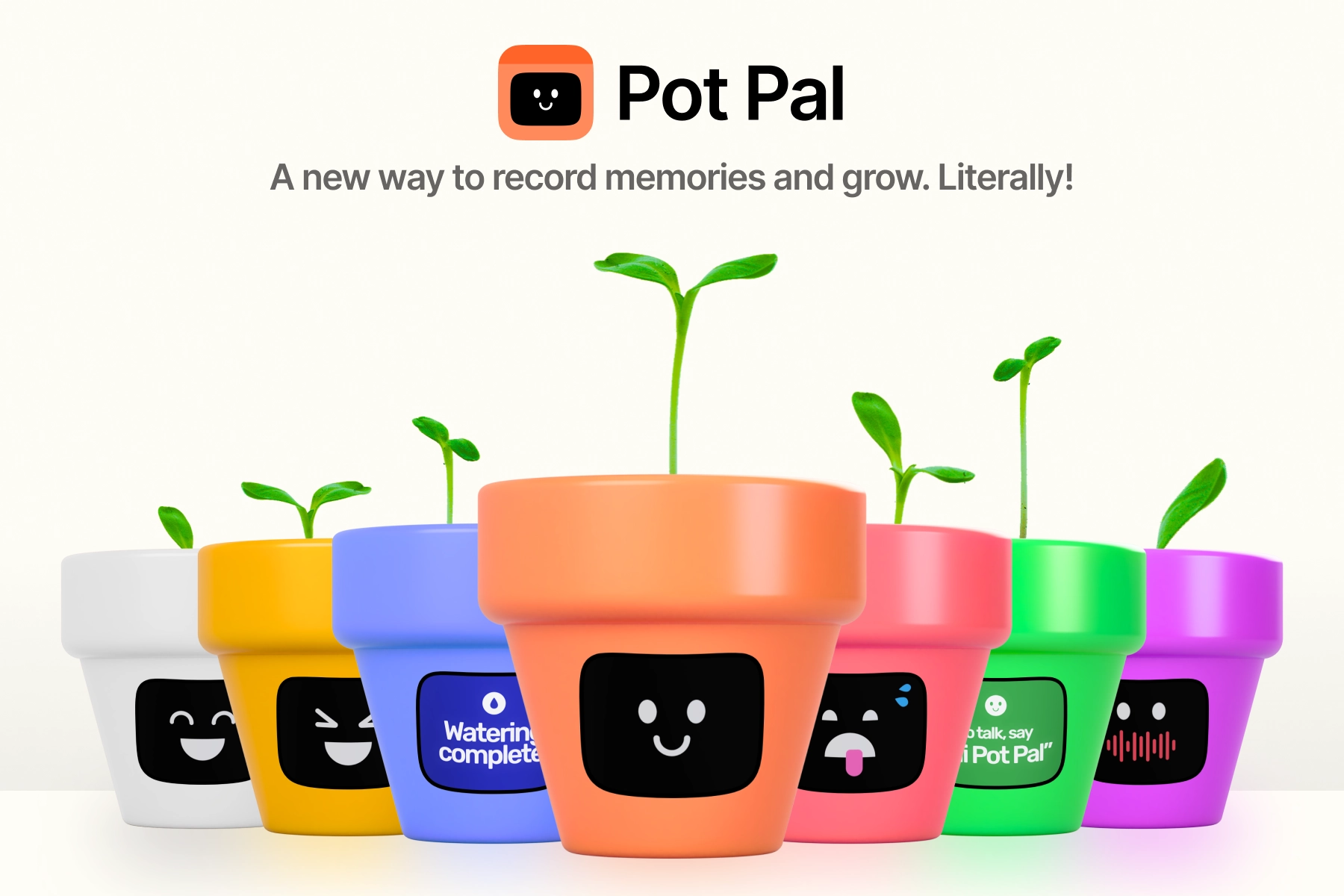 Colorful pots with plant growing out of them. Each pot displays the different faces of Pot Pal.