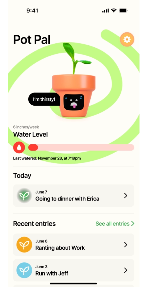 Pot Pal app home page showing Pot Pal thirsty.