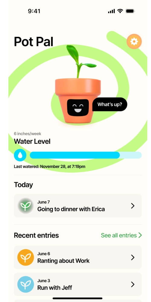 Pot Pal app home page showing Pot Pal hydrated and happy after being watered.