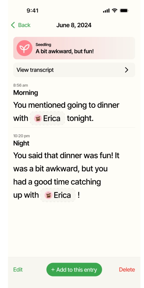 The updated entry page with new information about how the dinner with Erica was.