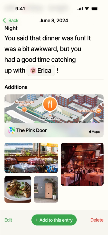 Additional attachments added to entry like location and photos from dinner.