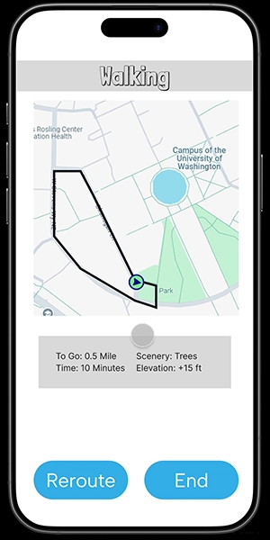 Image showing a walking route in progress and the "Reroute" button.