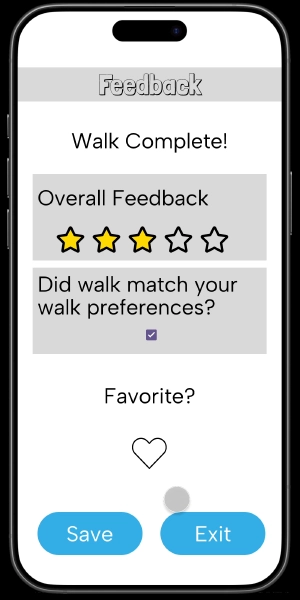 Image showing the post-walk screen with ratings and favorite options.