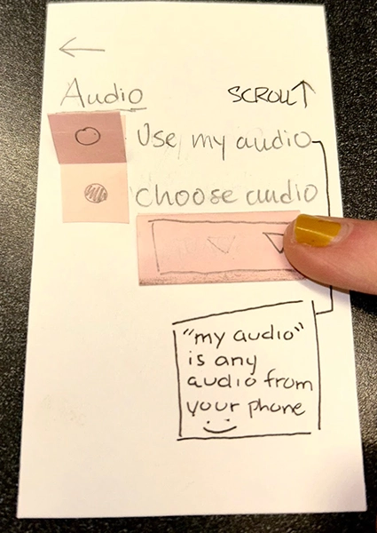 Image of "audio selection" screen with a tutorial.