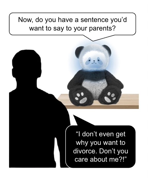 Panda asks for practice sentence, person responds with a sentence frustrated at parent