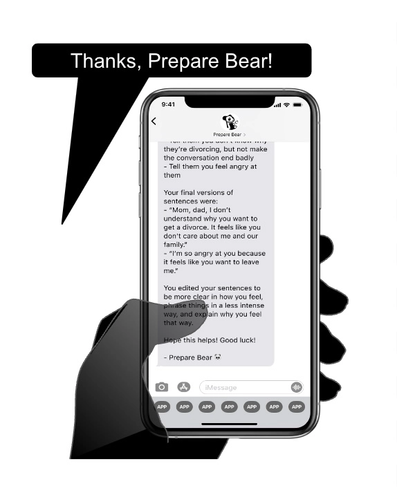 Person holds iPhone and sees in iMessage a summary text from Prepare Bear, saying thanks