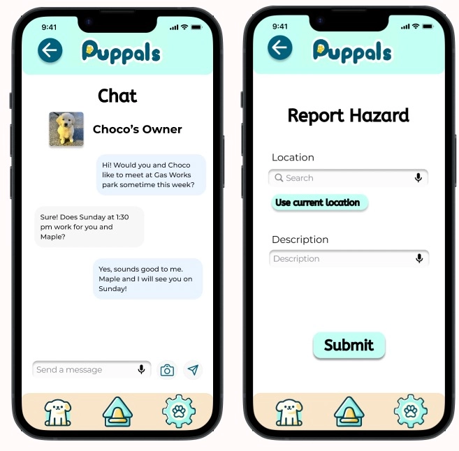 Screen where owners can send messages and pictures, can also use voice-to-text feature (left), Screen for reporting hazards with user location and desription (right).