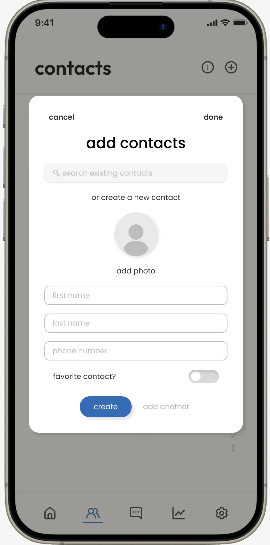 Add new contact page. Enter name and phone number.