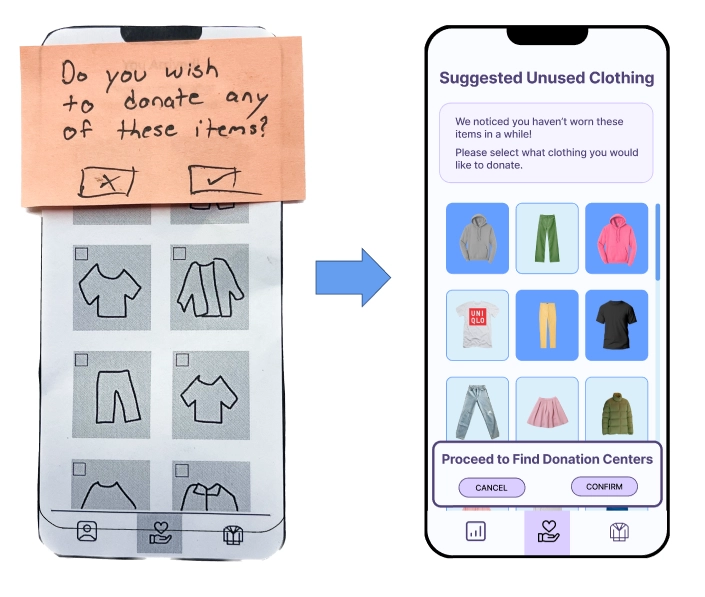 Original and updated phone app screens depicting clothing donation confirmation.