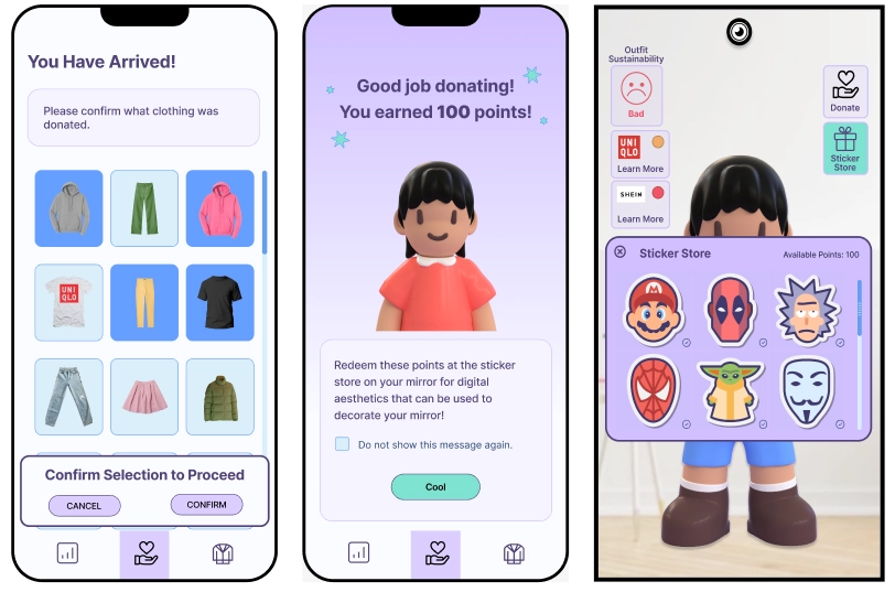 Three images. On the left is a confirmation screen on the phone app of clothing donated. In the middle is an app screen depicting points earned and explaining their usage. On the right is a mirror with a store interface pop-up of purchaseable stickers.