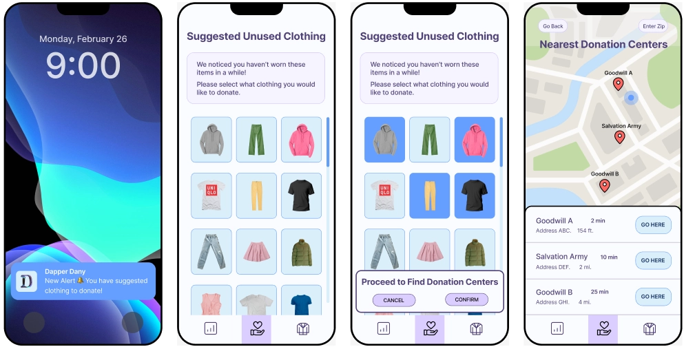 Four phone screens. The first one is an iphone lock screen with a notification from Dapper Dany. The second is a screen suggesting clothing to donate. The third depicts user-selected boxes of clothing to donate. The fourth is a screen directing the user to a nearby donation center.