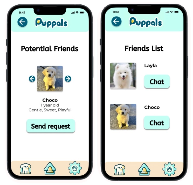 Screen to find potential friend matches (left), Screen displaying the owner’s friends list (right).