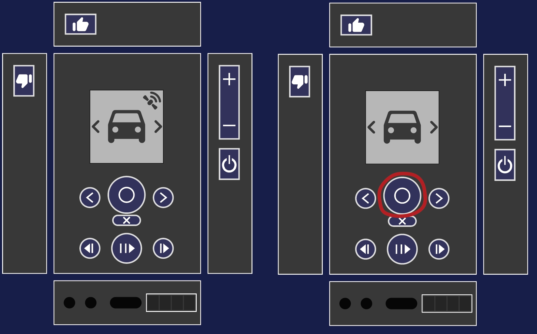 Both screens show a driving icon, one also has a satelite symbol in the corner of the screen.