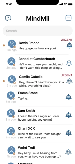 The main screen of the MindMii app, showing a list of texting conversations marked as urgent, unresponded, or responded.