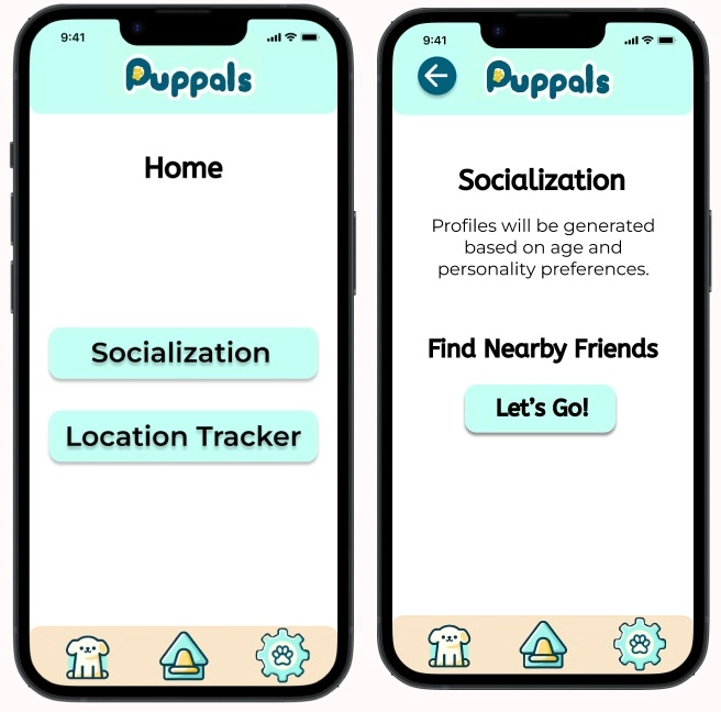 Home page of PupPals (left), Socialization Task Pathway (right)
