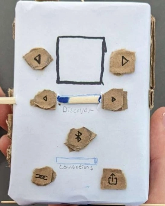A paper prototype with 7 cardboard buttons glued to it.