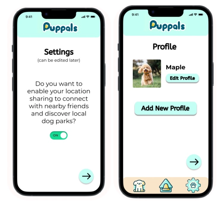 Screen describing one of the socialization settings of PupPals (left), Screen for editing or adding a new dog’s profile (right).
