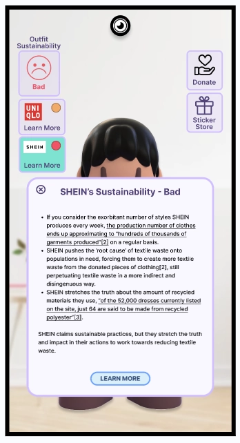 A mirror with a pop-up about SHEIN's sustainability practices.