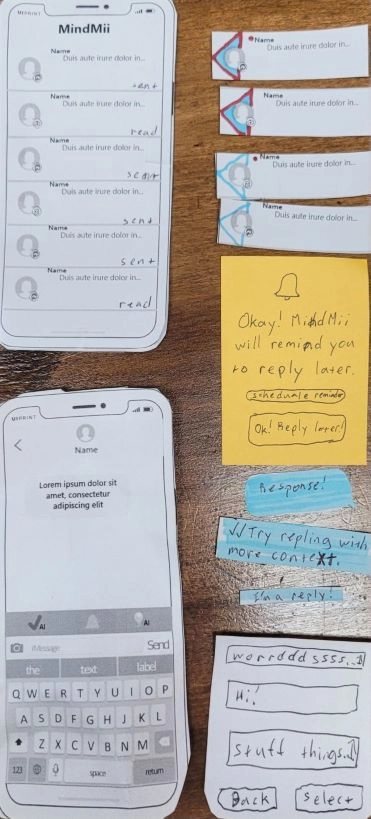 A paper prototype of the phone text messaging app with features to help with our tasks.