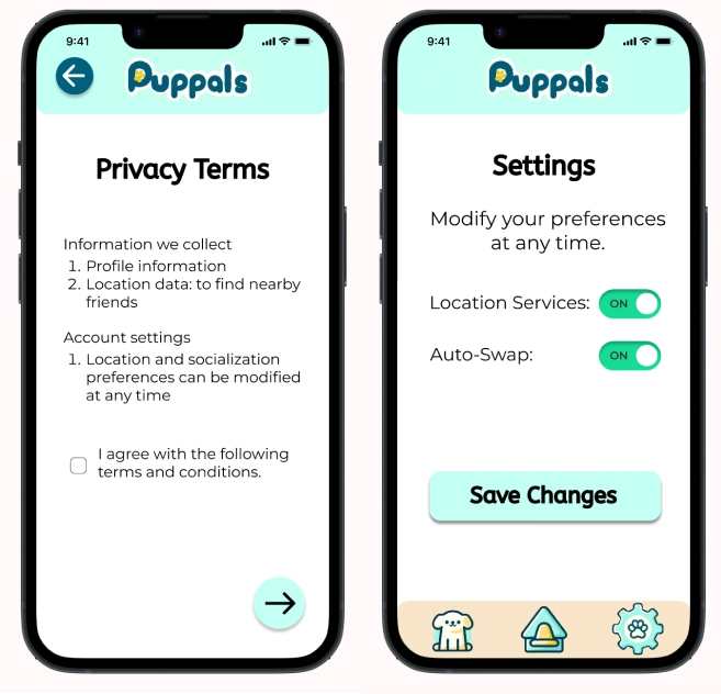 Describes privacy terms of PupPals and what information is being collected (left), Screen with settings for socialization preferences (right).