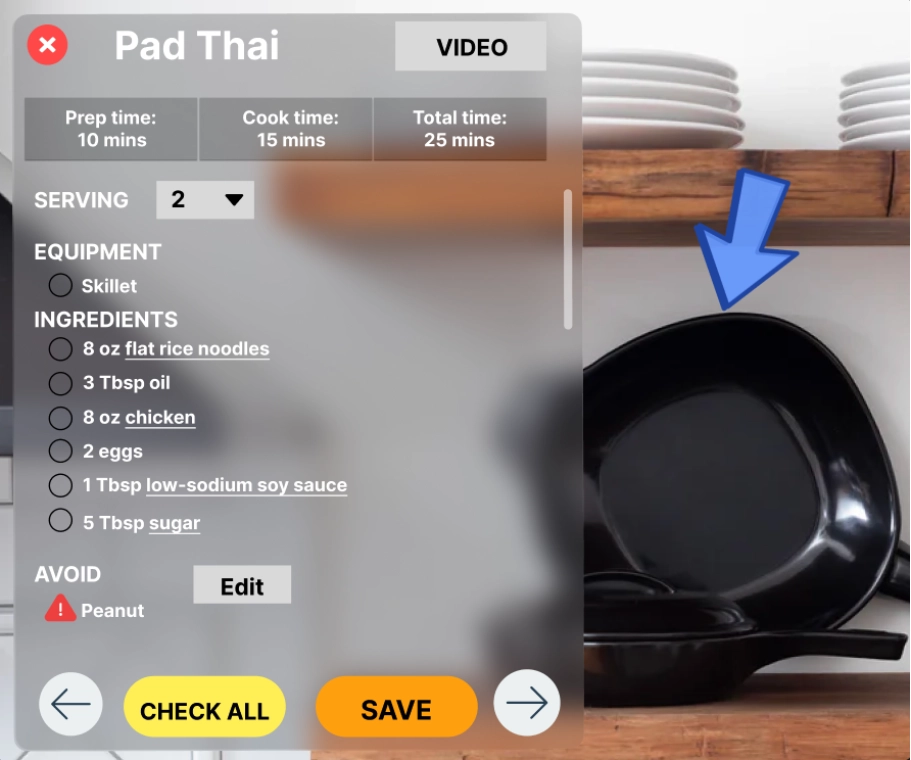 Image showing a tab with cooking preparation process information uncluding equipment.