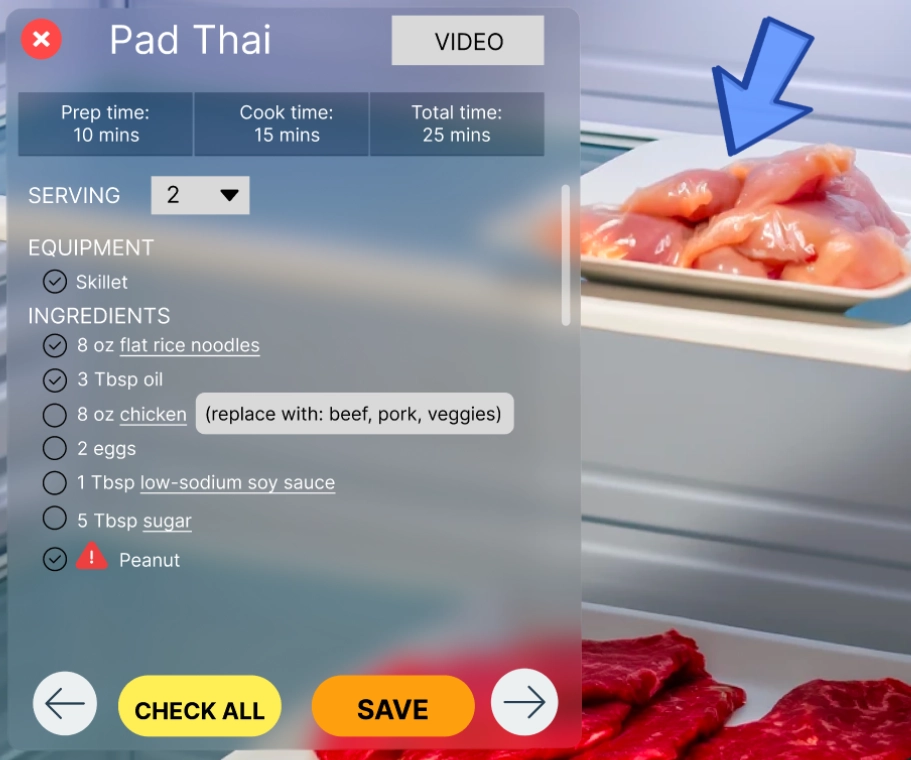 Image showing a tab with cooking preparation process information including ingredients.